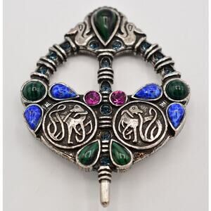 Soldor Vintage Cabochon Pin Brooch Celtic Multi-Color Silver Chunky Signed BinAC